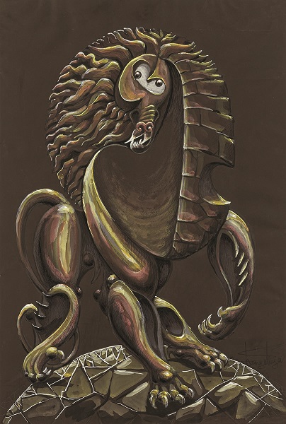 Графическая работа Павиановая химера со львиной гривой изображена стилистически, с контрформами.